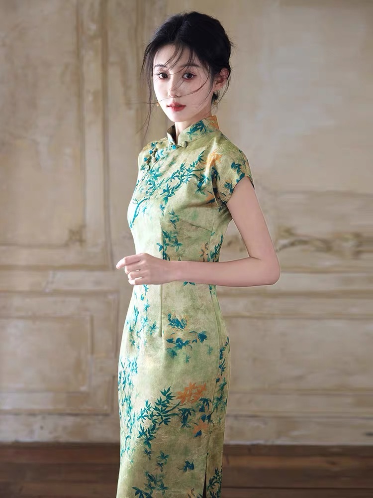 Han Ben Leaf Print Cap Sleeve Cheongsam