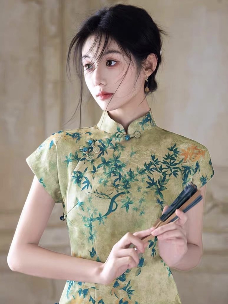 Han Ben Leaf Print Cap Sleeve Cheongsam