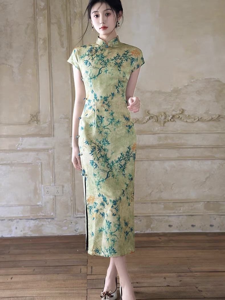 Han Ben Leaf Print Cap Sleeve Cheongsam