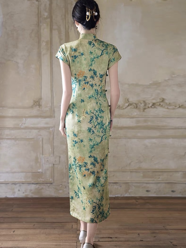 Han Ben Leaf Print Cap Sleeve Cheongsam