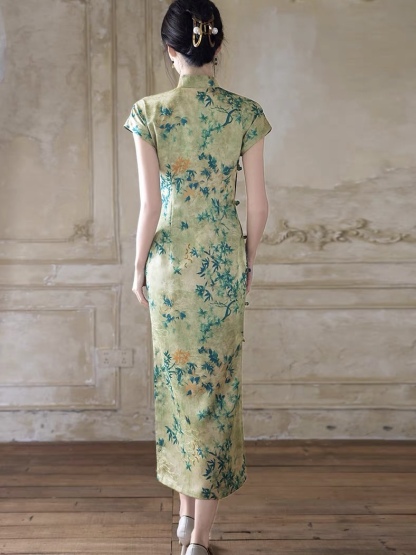 Han Ben Leaf Print Cap Sleeve Cheongsam