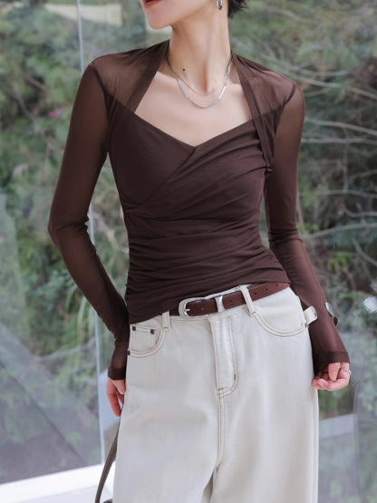 Xilenia Queen Anne Collar Sheer Sleeve Top