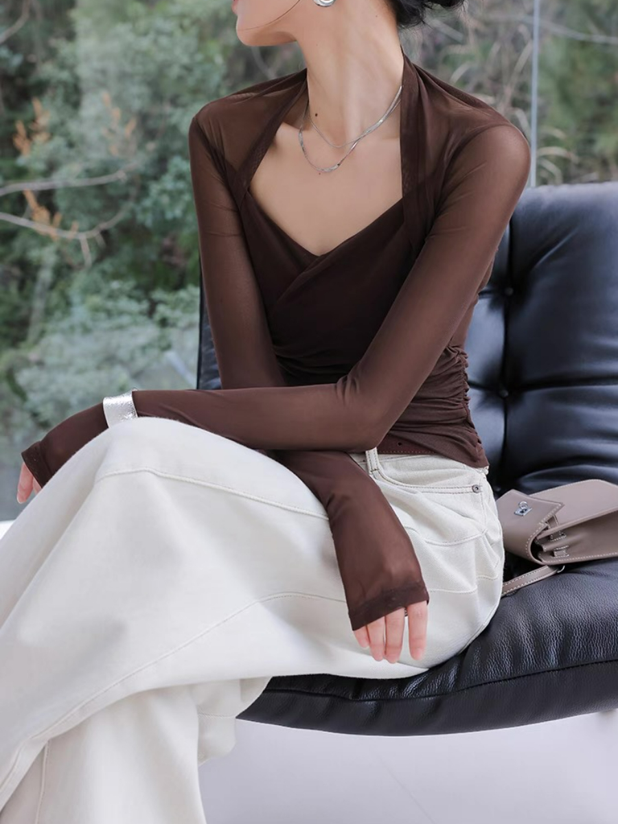 Xilenia Queen Anne Collar Sheer Sleeve Top
