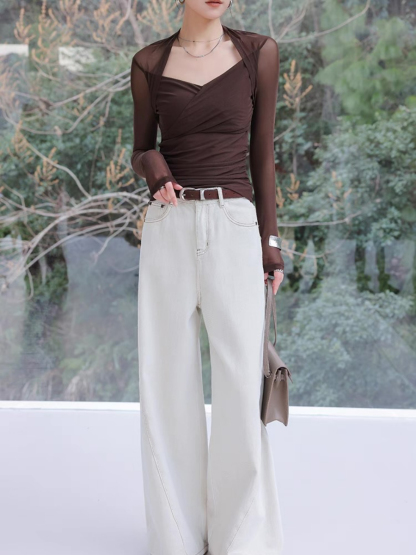 Xilenia Queen Anne Collar Sheer Sleeve Top
