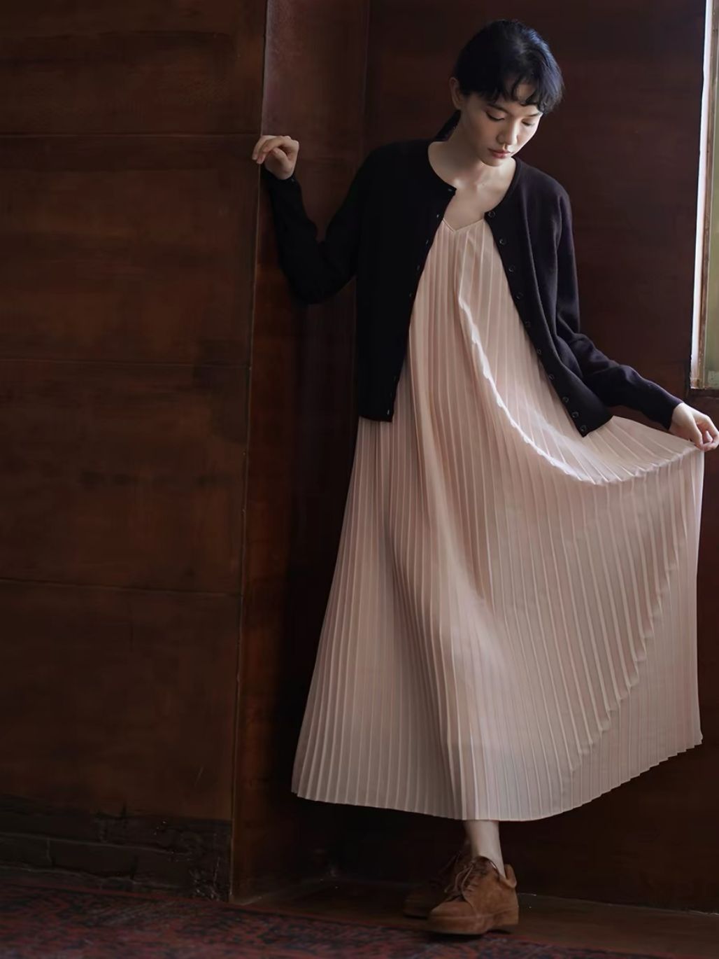 Heather V-Collar Pleated Flowy Dress