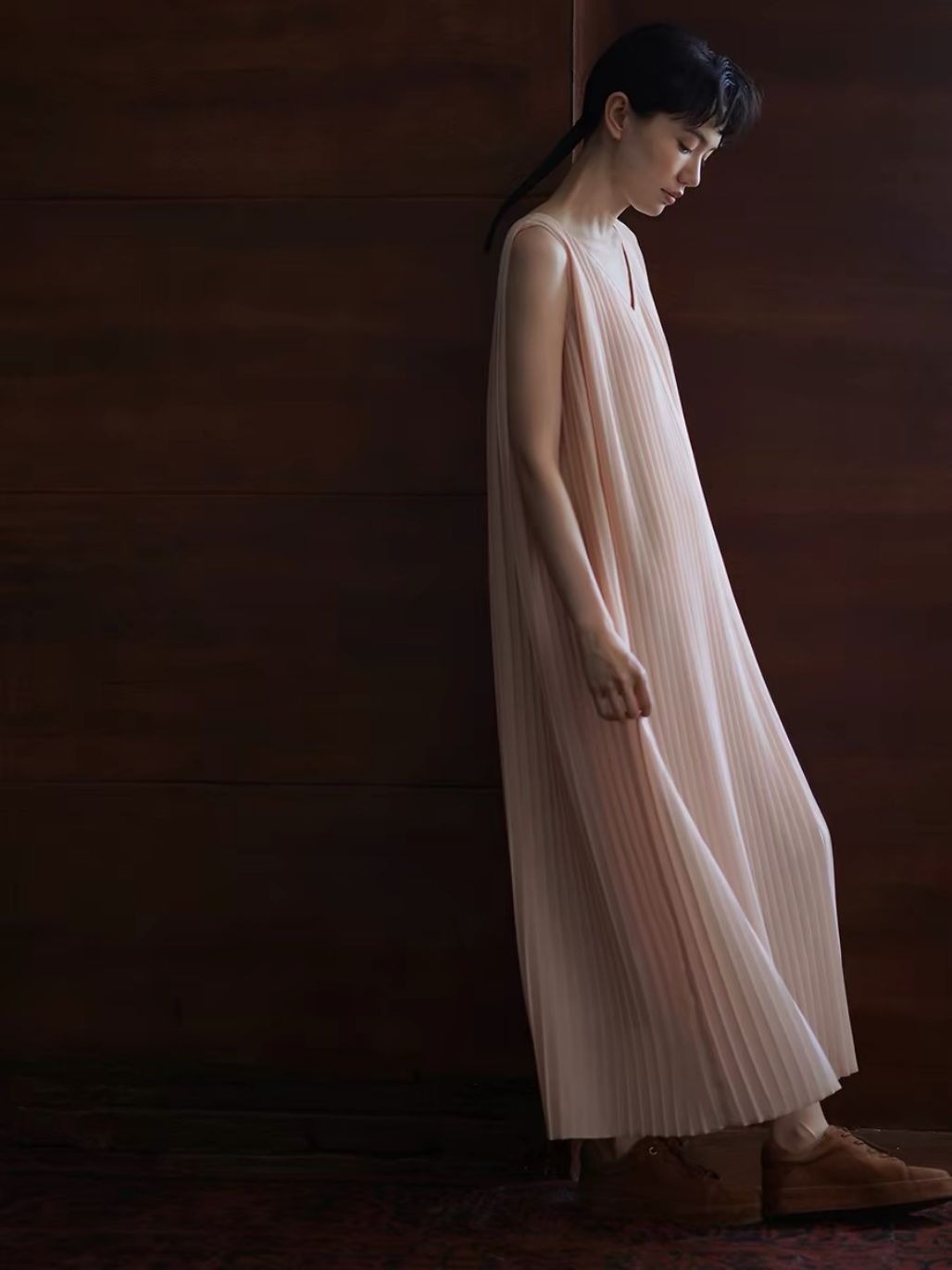 Heather V-Collar Pleated Flowy Dress