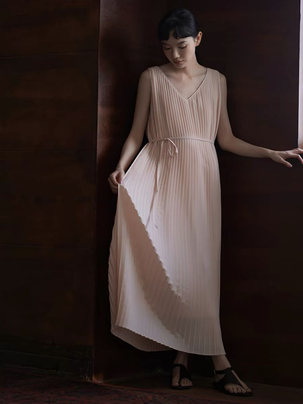 Heather V-Collar Pleated Flowy Dress