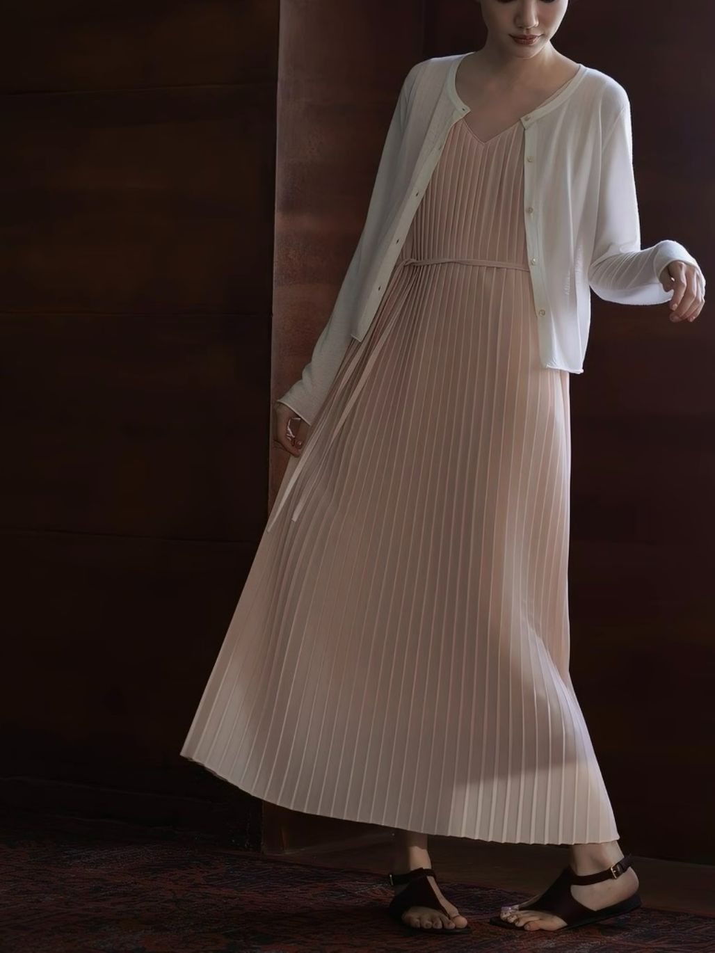 Heather V-Collar Pleated Flowy Dress
