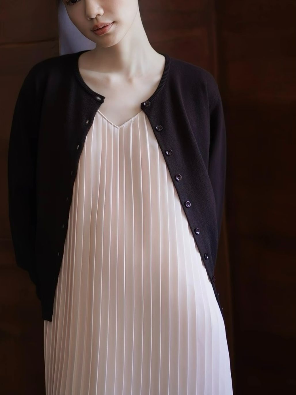 Heather V-Collar Pleated Flowy Dress