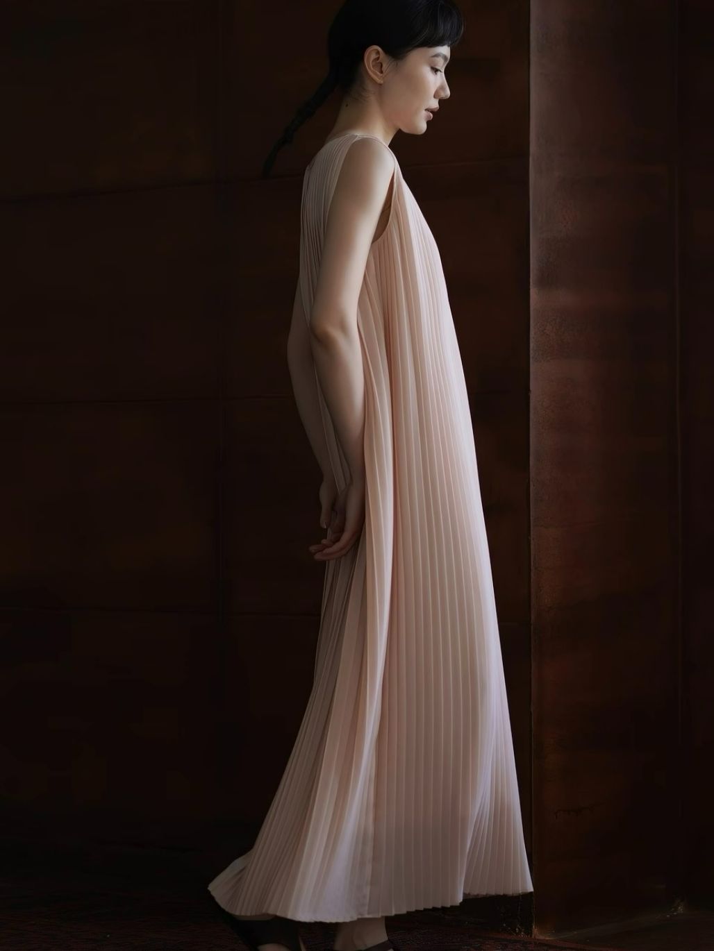 Heather V-Collar Pleated Flowy Dress
