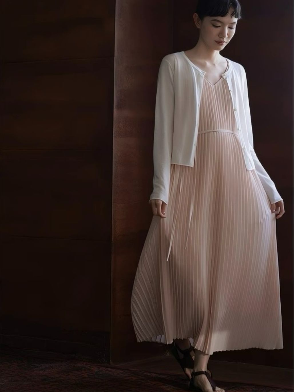 Heather V-Collar Pleated Flowy Dress