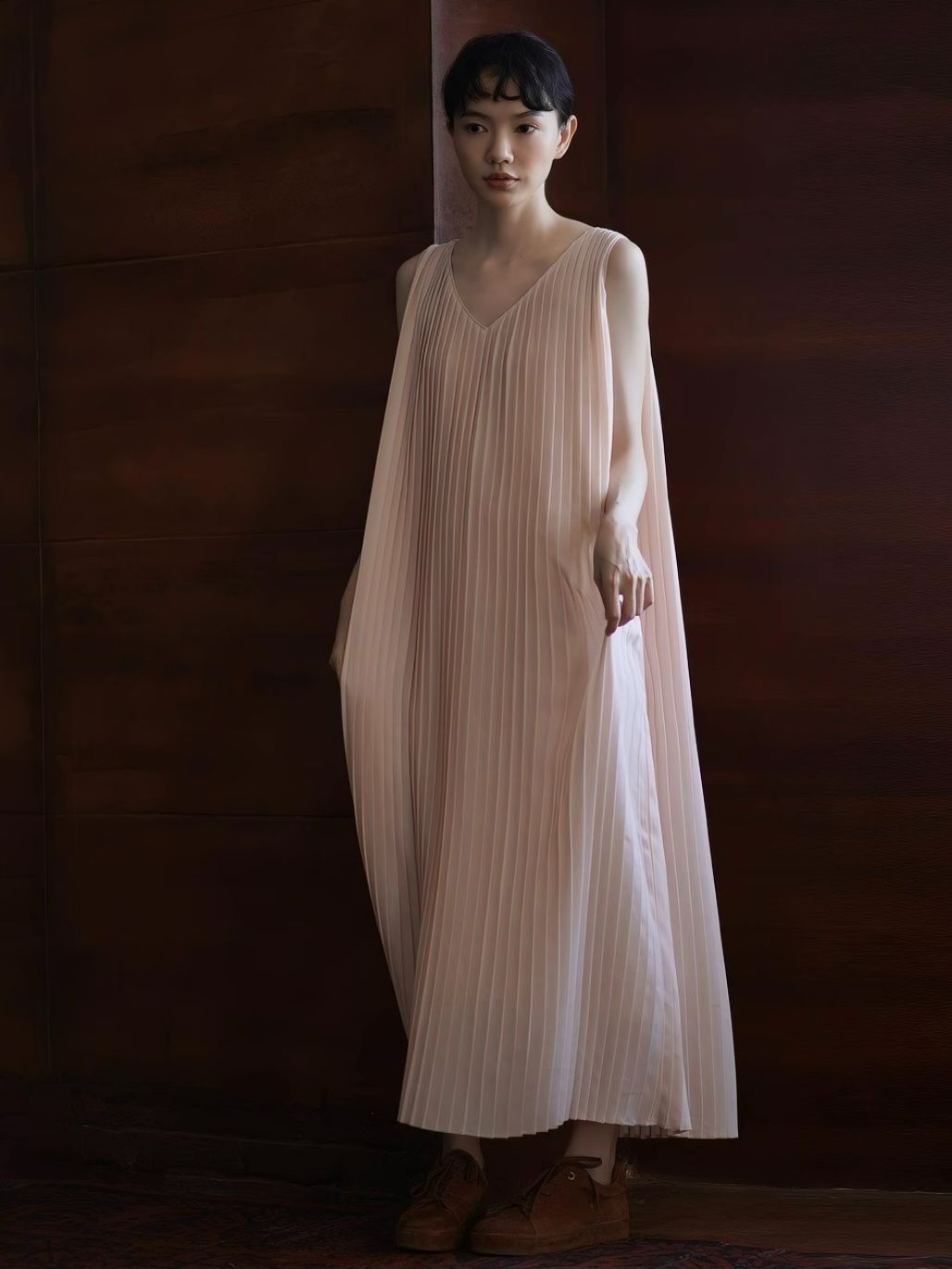 Heather V-Collar Pleated Flowy Dress