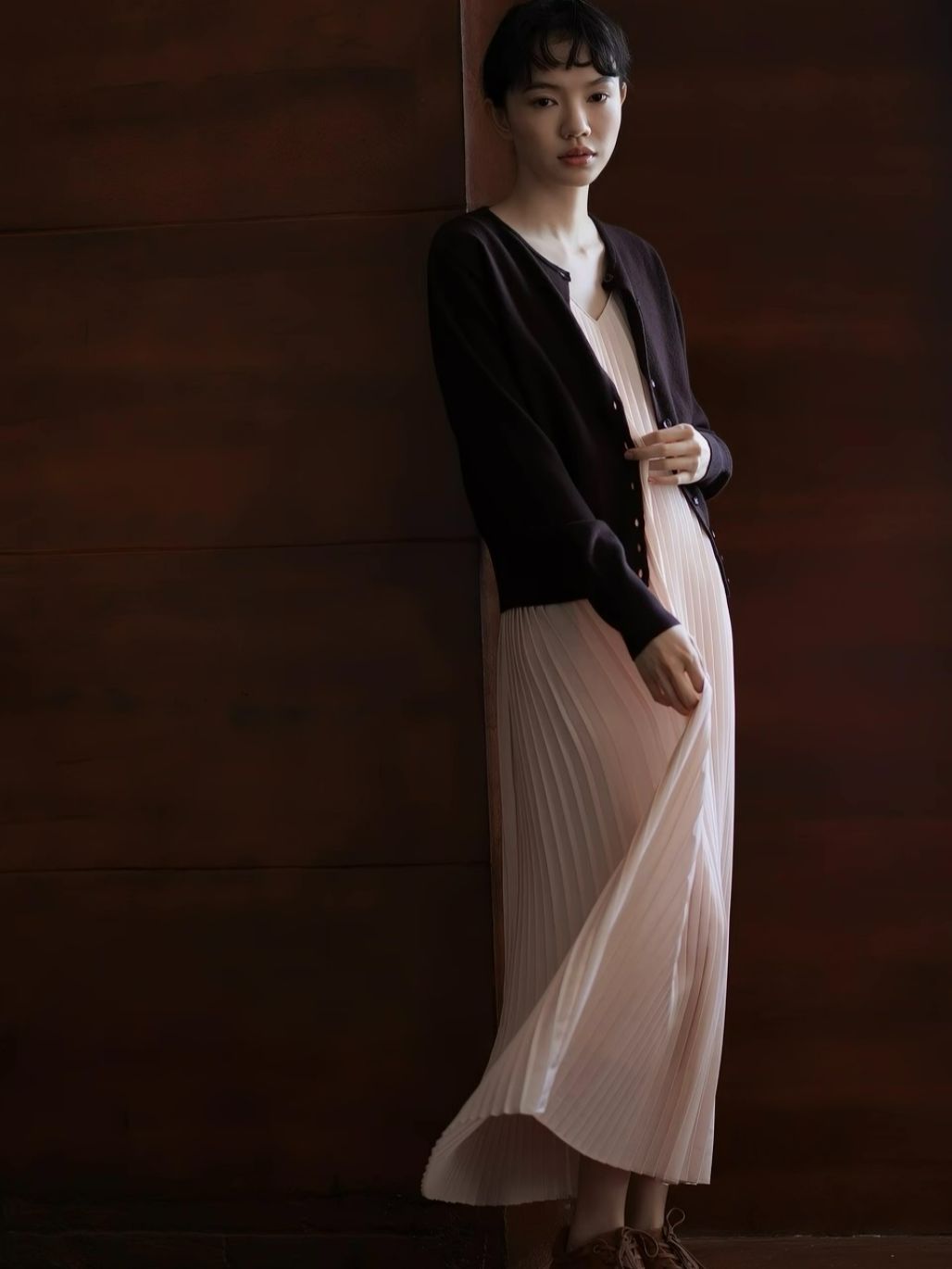 Heather V-Collar Pleated Flowy Dress
