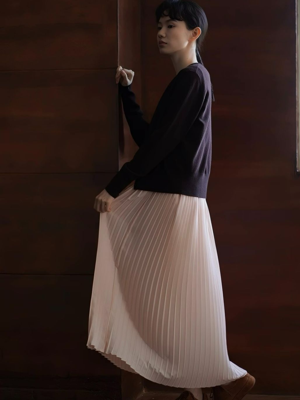 Heather V-Collar Pleated Flowy Dress