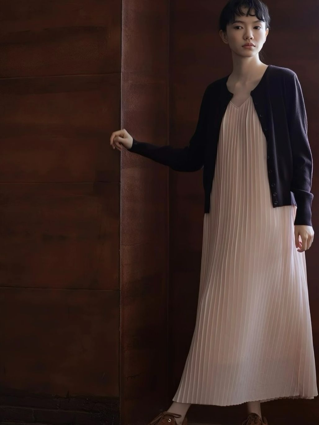 Heather V-Collar Pleated Flowy Dress