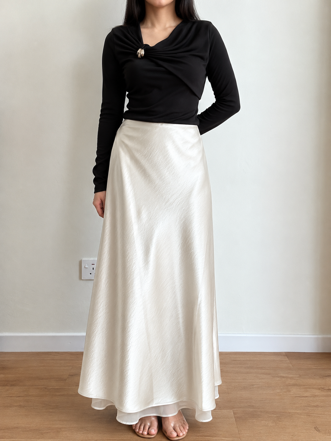 Gemma Sheer-Hem Layered Satin A-Line Maxi Skirt