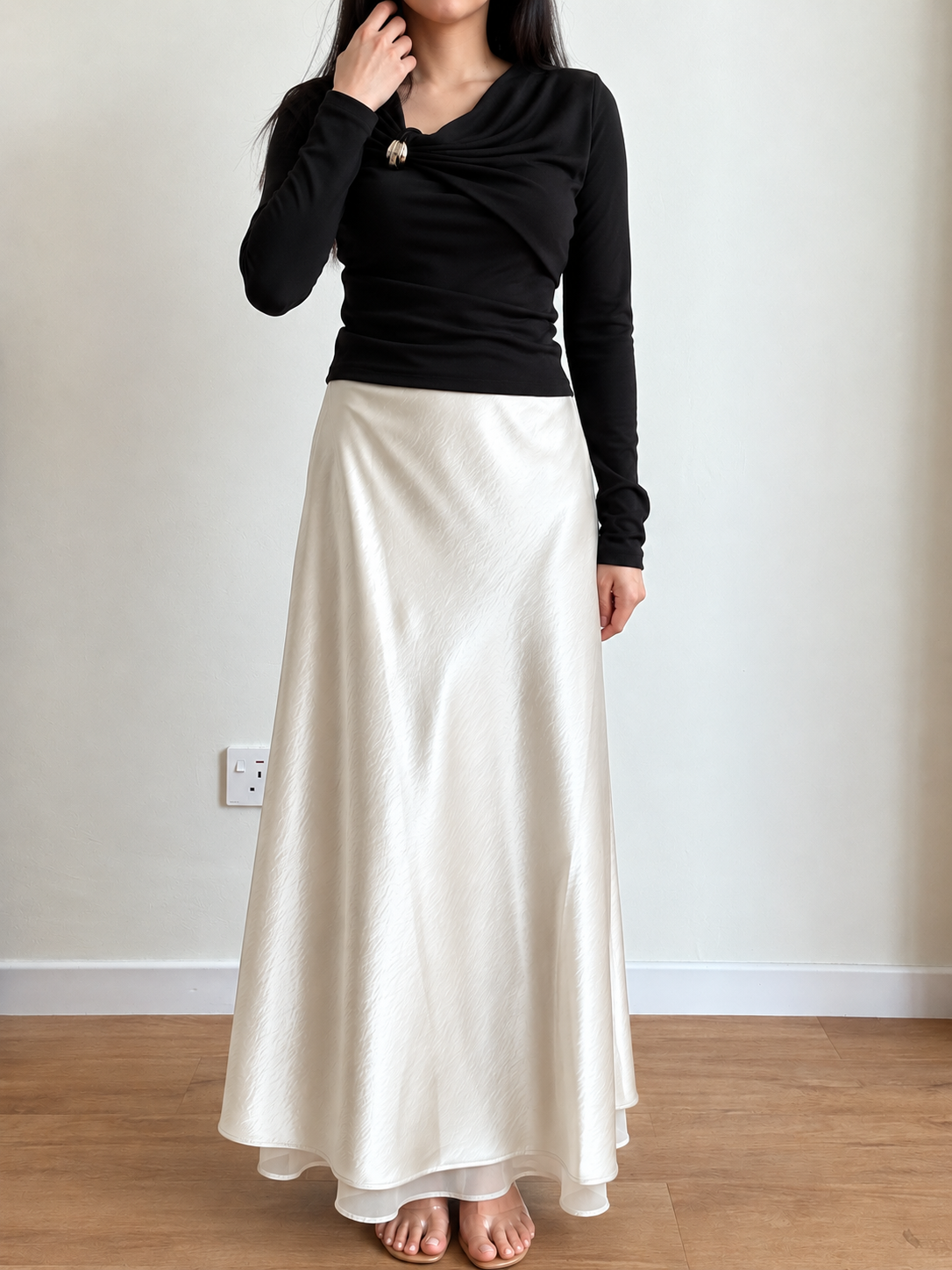 Gemma Sheer-Hem Layered Satin A-Line Maxi Skirt