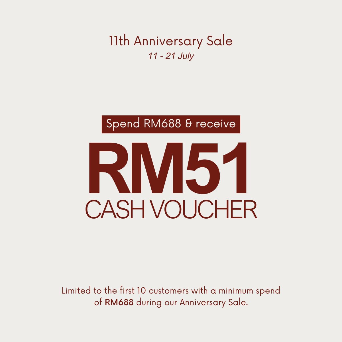 【Anniversary Gift】RM51 Cash Voucher | No min. order