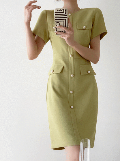 Jaja Pearl Button Pencil Dress-The Black Bow-