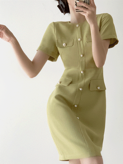 Jaja Pearl Button Pencil Dress-The Black Bow-