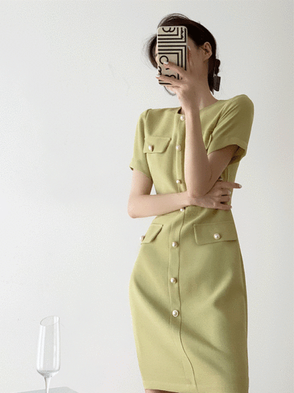 Jaja Pearl Button Pencil Dress-The Black Bow-