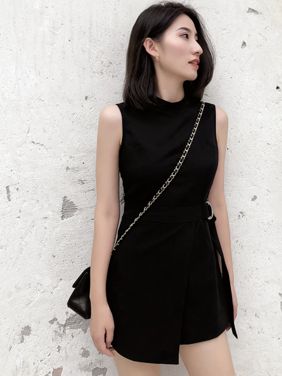 Leto Asymmetrical Belted Romper-The Black Bow-