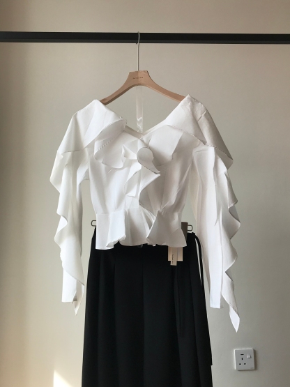 Vixie V-Neck Ruffle Trim Top