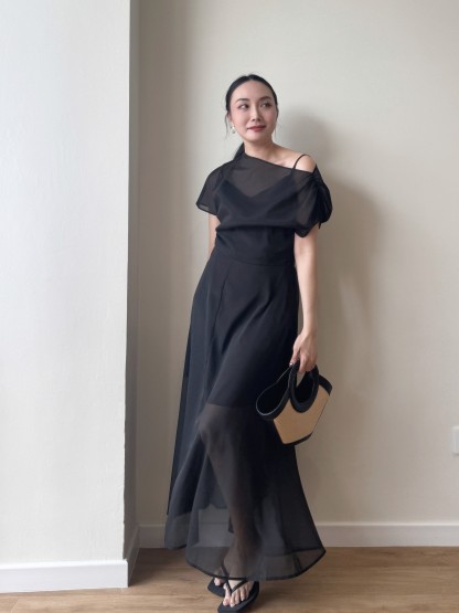 Vanyce Asymmetric Collar Two Piece Sheer Dress