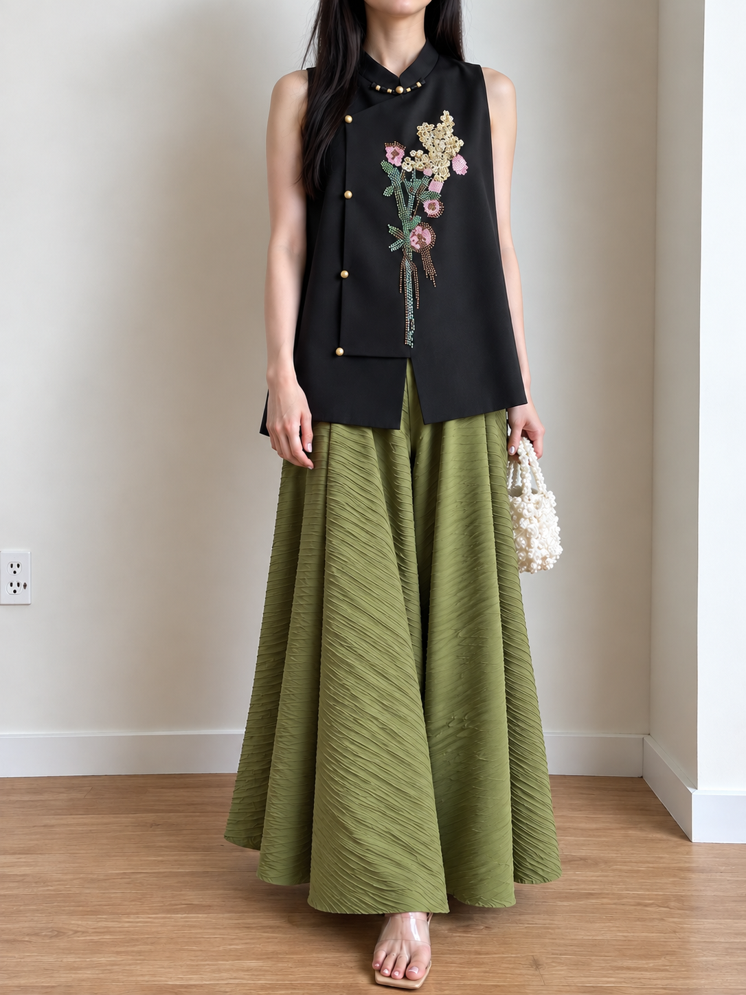 Yan Jian Pleated Asymmetric-Hem Palazzo Pants