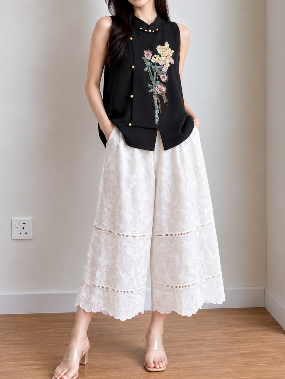 Yan Ji Embroidered Cotton-Lace Culottes