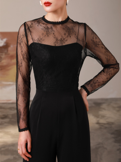 Gladys Sheer Shoulder Lacey Culottes Jumpsuit-The Black Bow-