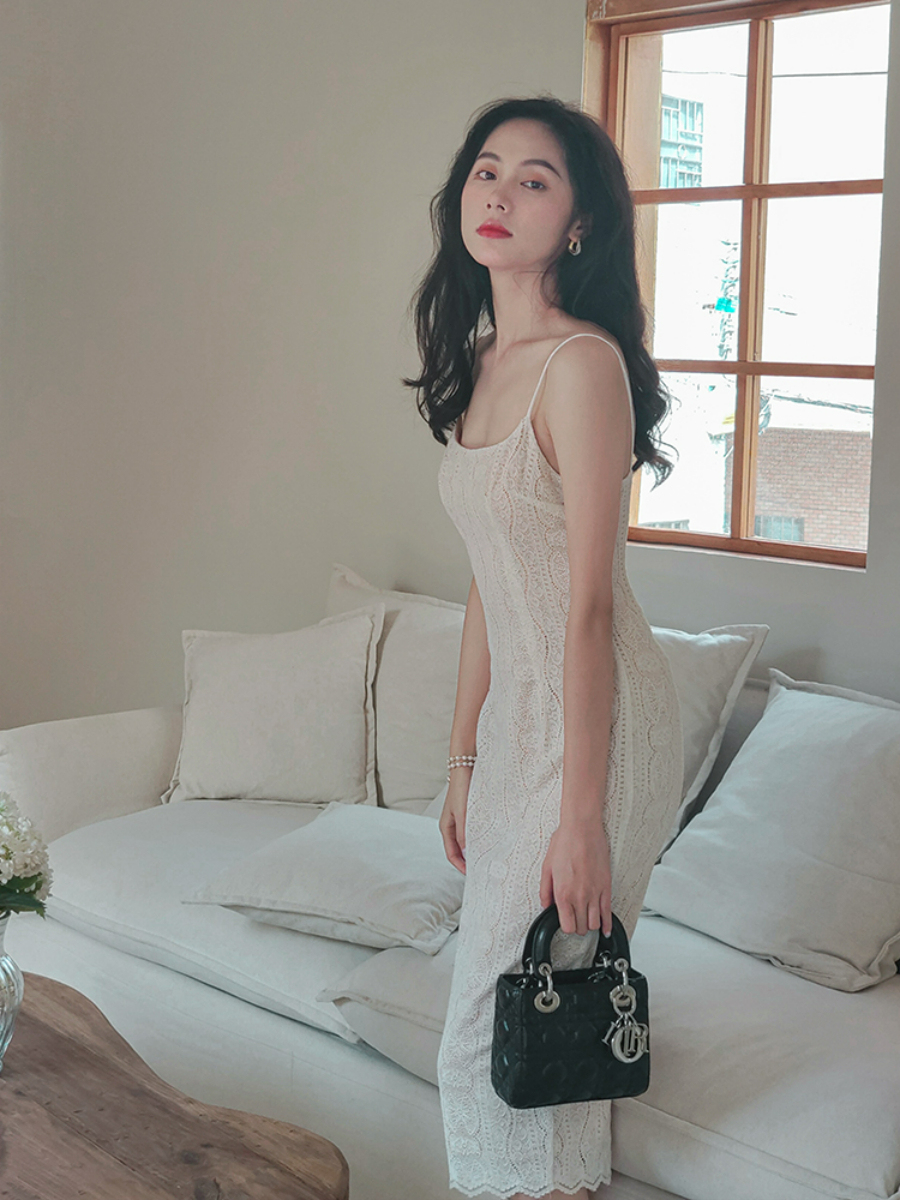 Ambroisa Back Slit Lace Cami Dress-The Black Bow-