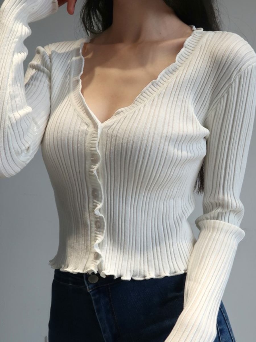 Eartha Ruffle Trim Long Sleeve Button Knit Top-The Black Bow-