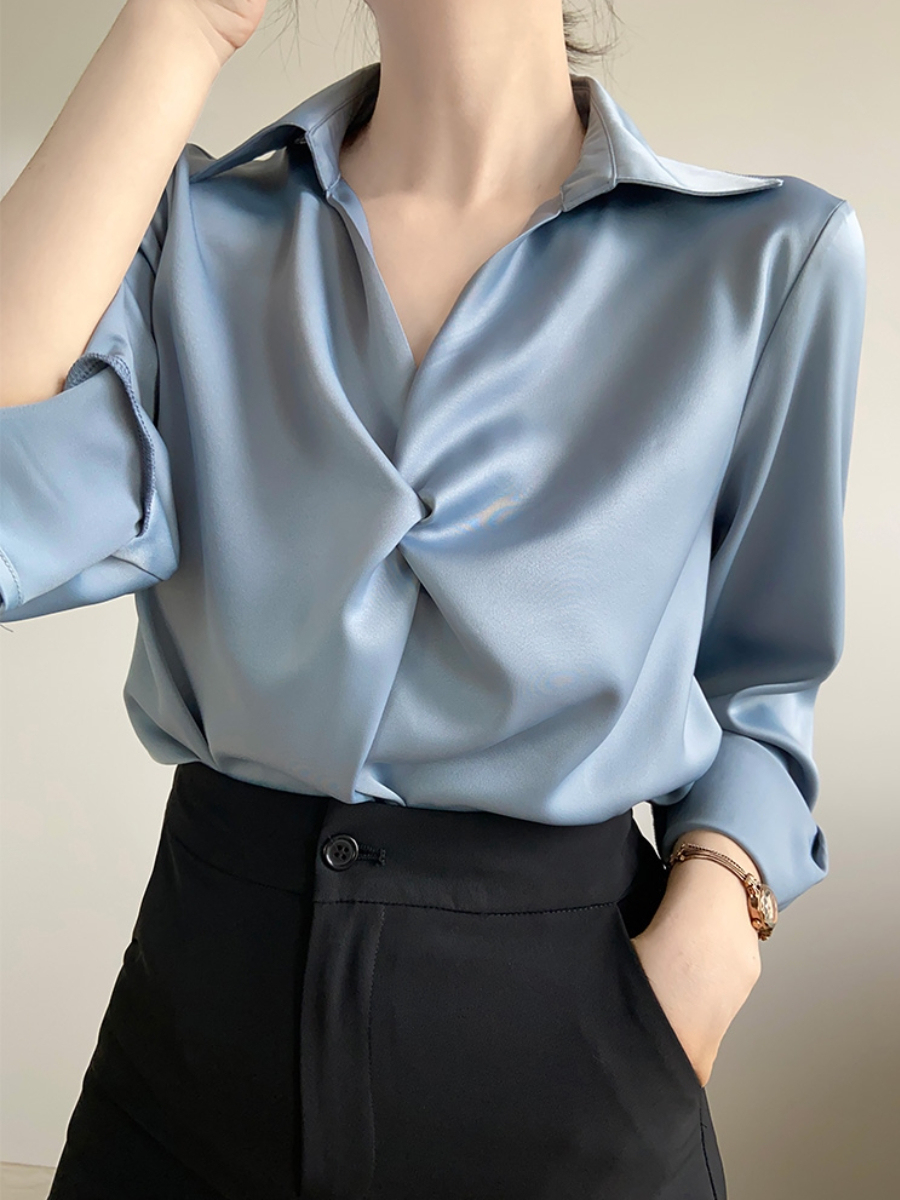 Yarley Satin Front Knot Collared Shirt (Discounted-M, L size)-The Black Bow-