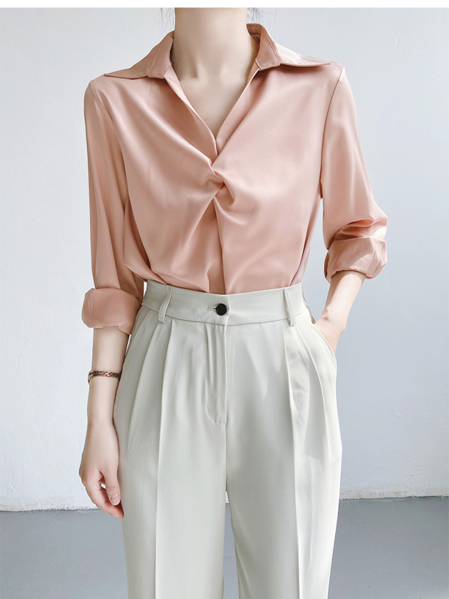 Yarley Satin Front Knot Collared Shirt (Discounted-M, L size)-The Black Bow-