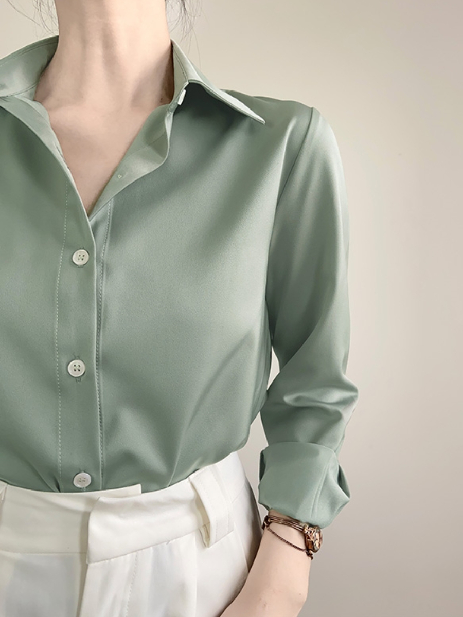 Merrill Silky Long Sleeve Collared Shirt (Discounted-S, L Size)-The Black Bow-