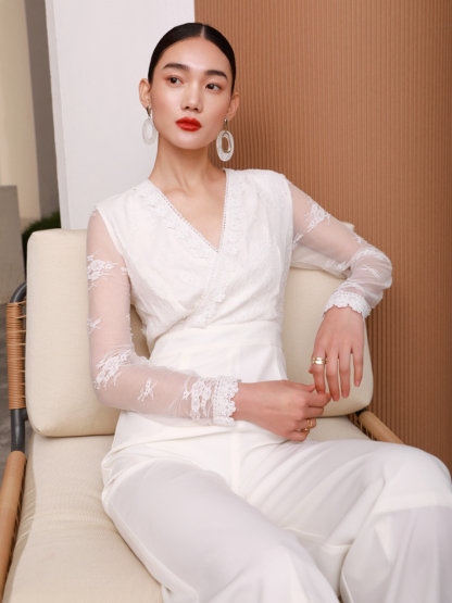 Celestial V-Collar Sheer Sleeve Lacey Jumpsuit-The Black Bow-