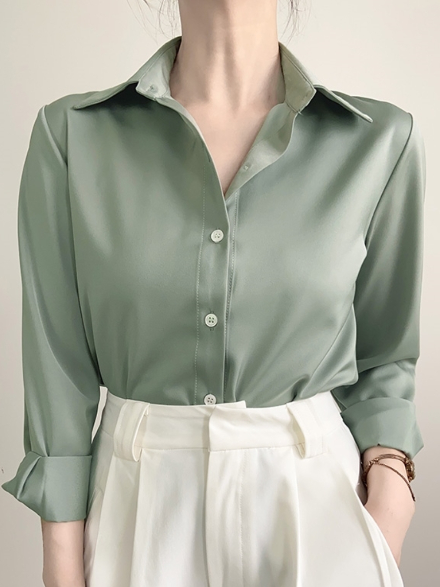 Merrill Silky Long Sleeve Collared Shirt (Discounted-S, L Size)-The Black Bow-