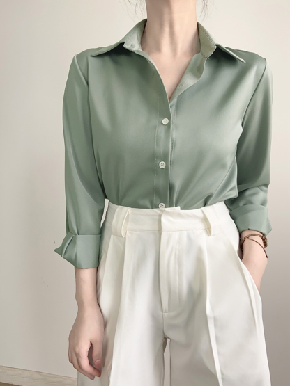 Merrill Silky Long Sleeve Collared Shirt (Discounted-S, L Size)-The Black Bow-