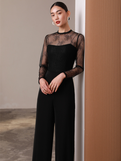 Gladys Sheer Shoulder Lacey Culottes Jumpsuit-The Black Bow-