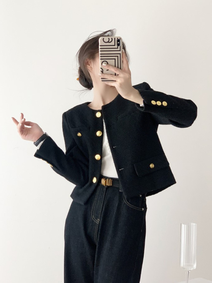 Luca Round Collar Jacket with Golden Button-The Black Bow-