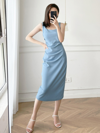Micah Side Ruched Midi Dress-The Black Bow-