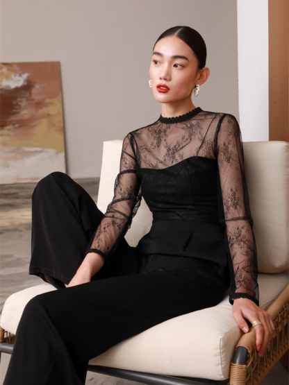 Gladys Sheer Shoulder Lacey Culottes Jumpsuit-The Black Bow-
