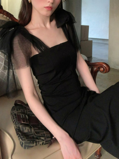 Waelyn Mesh Ribbon Tie Dress-The Black Bow-
