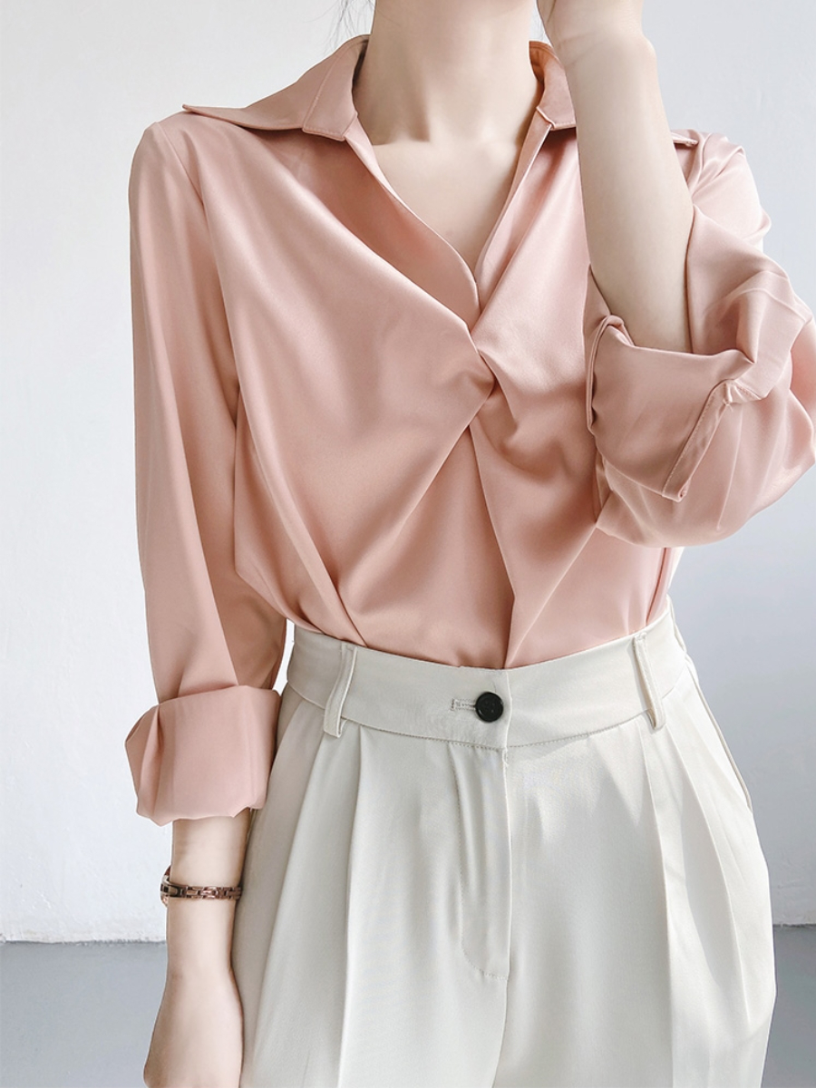 Yarley Satin Front Knot Collared Shirt (Discounted-M, L size)-The Black Bow-