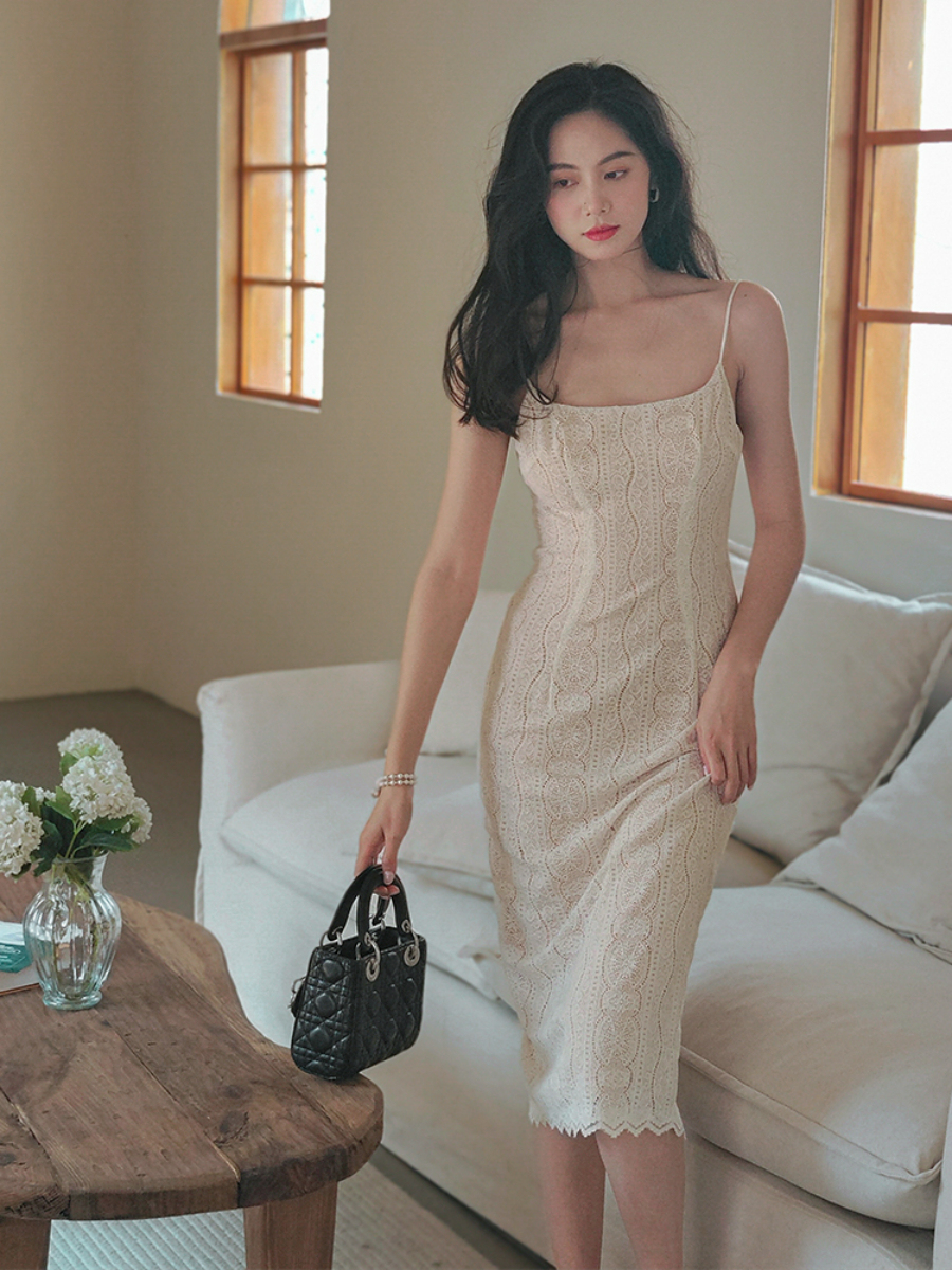 Ambroisa Back Slit Lace Cami Dress-The Black Bow-