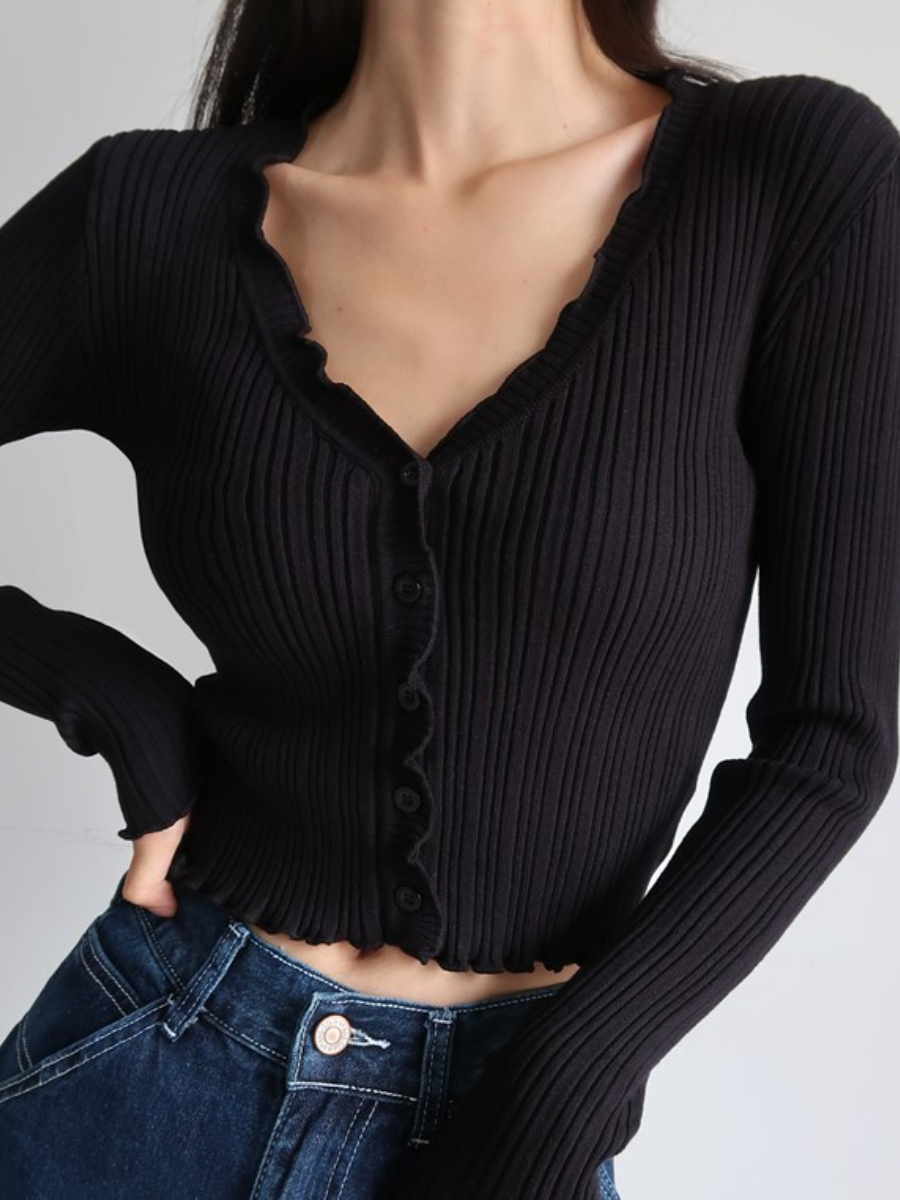 Eartha Ruffle Trim Long Sleeve Button Knit Top-The Black Bow-