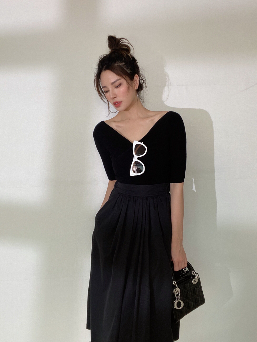 Christina Top V Neck Off Shoulder Top (Short & Long Sleeve)-The Black Bow-