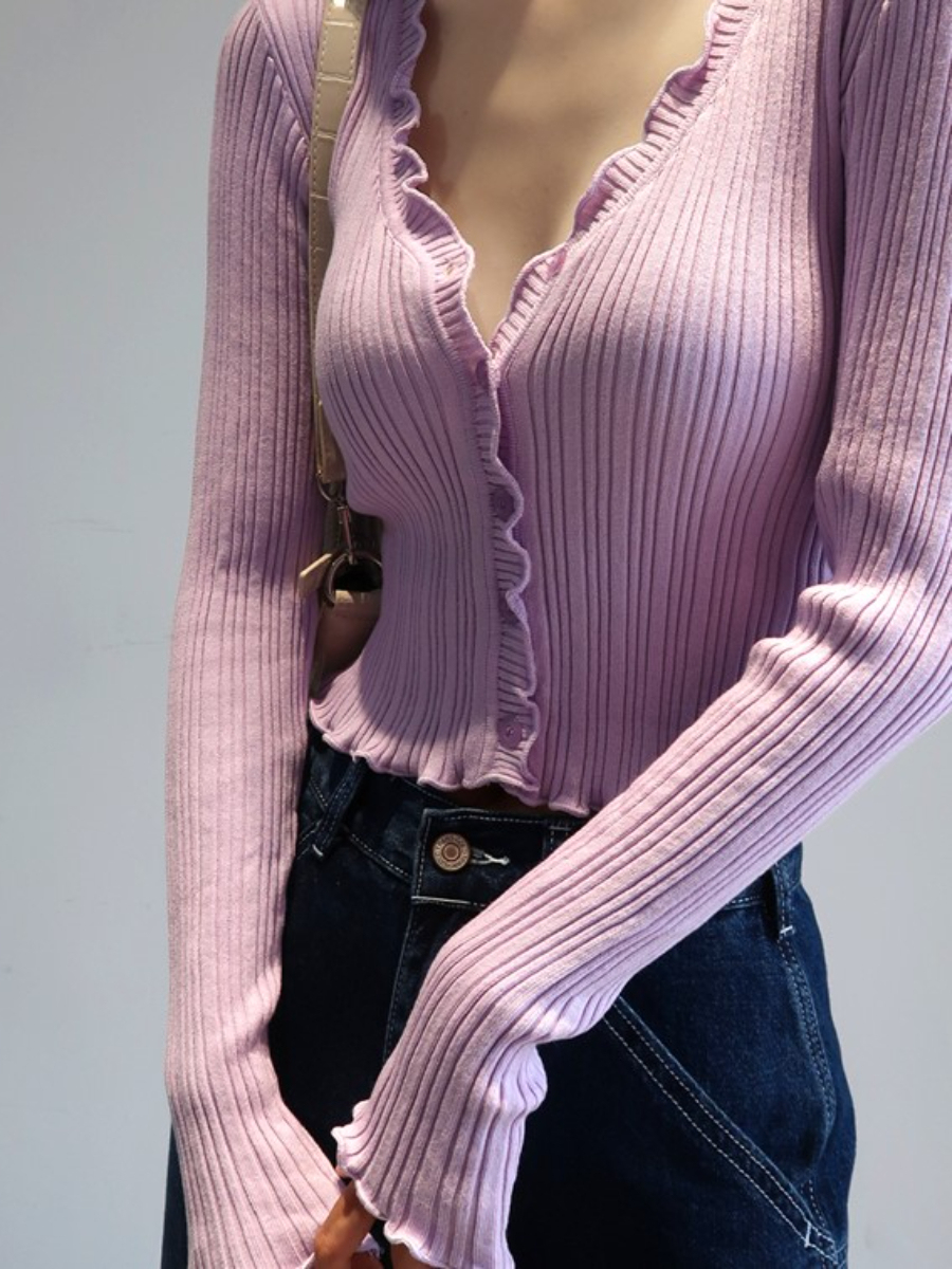 Eartha Ruffle Trim Long Sleeve Button Knit Top-The Black Bow-