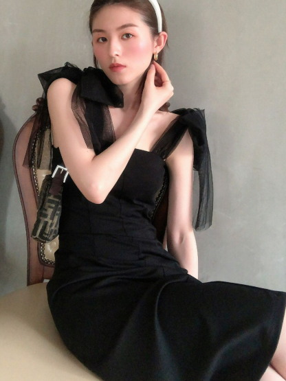 Waelyn Mesh Ribbon Tie Dress-The Black Bow-